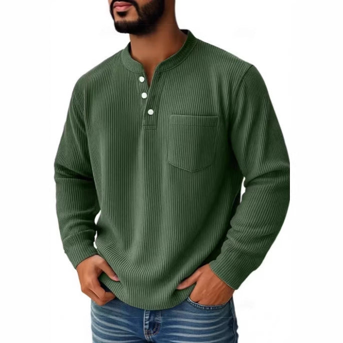 Close-up of the Henley neckline and stand collar on a men's shirt