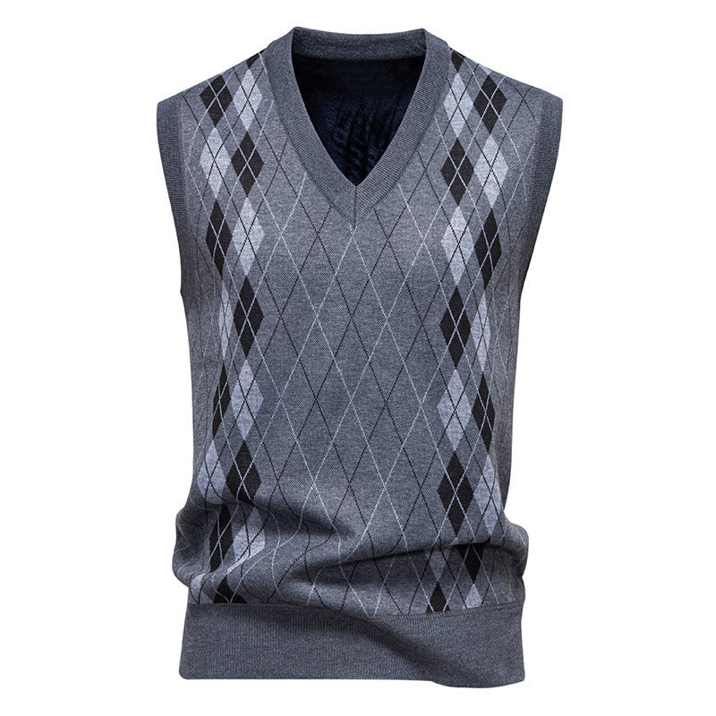 Front view of a men's knitted argyle sweater vest