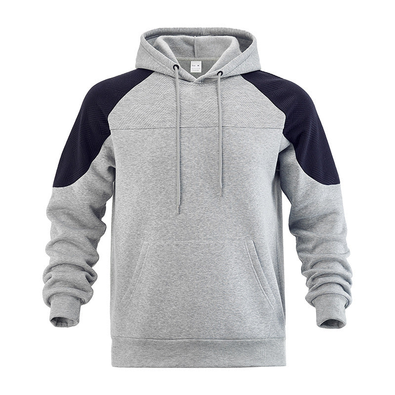 Full view of men's textured hoodie with hood, long sleeves, and kangaroo pocket