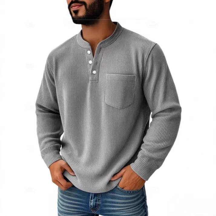 Chest pocket detail on the men's waffle knit Henley shirt