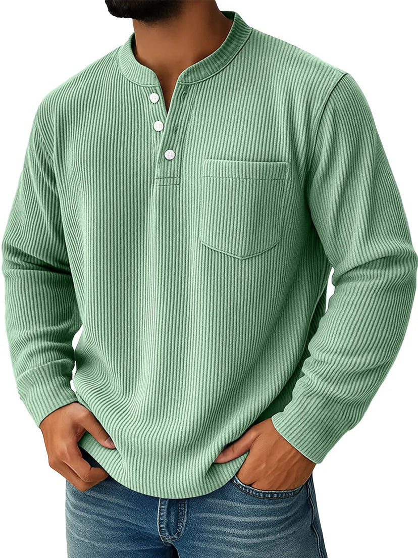 Close-up of the ribbed trim on the men's Henley shirt