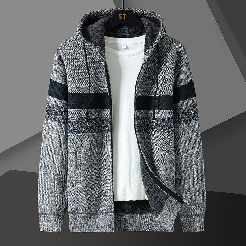 Soft sherpa lining visible inside the men's knit jacket