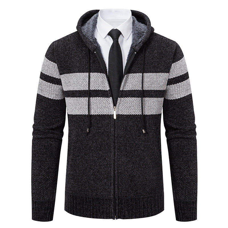 Concealed zip front on a men's knit hooded jacket