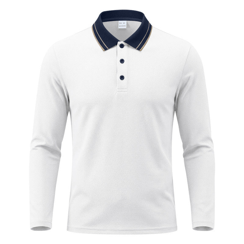 Detail of the three-button placket on a men's piqué polo shirt