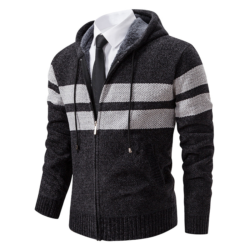 Side view of a men's knit jacket with a practical hood