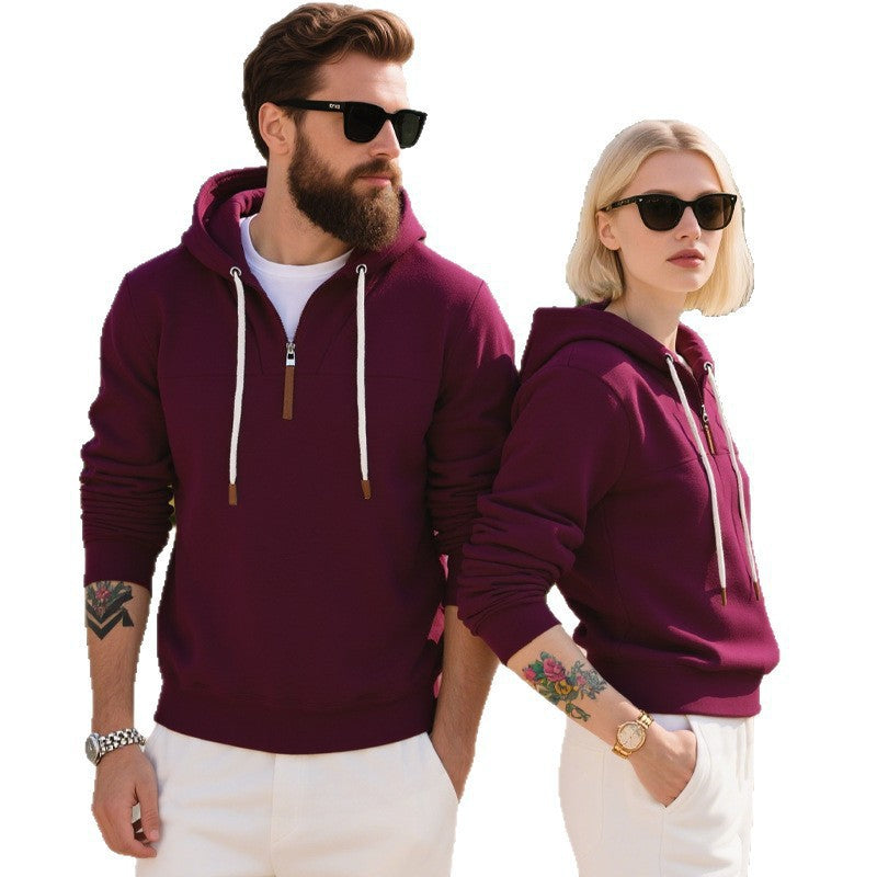 Soft fleece texture shown on a men's half-zip hoodie