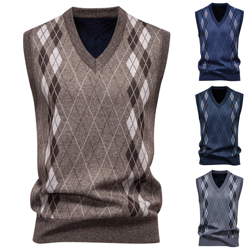 Men's cotton-blend argyle sweater vest with a classic V-neck front