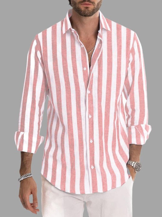 Vertical stripe detail on a men's long-sleeve shirt