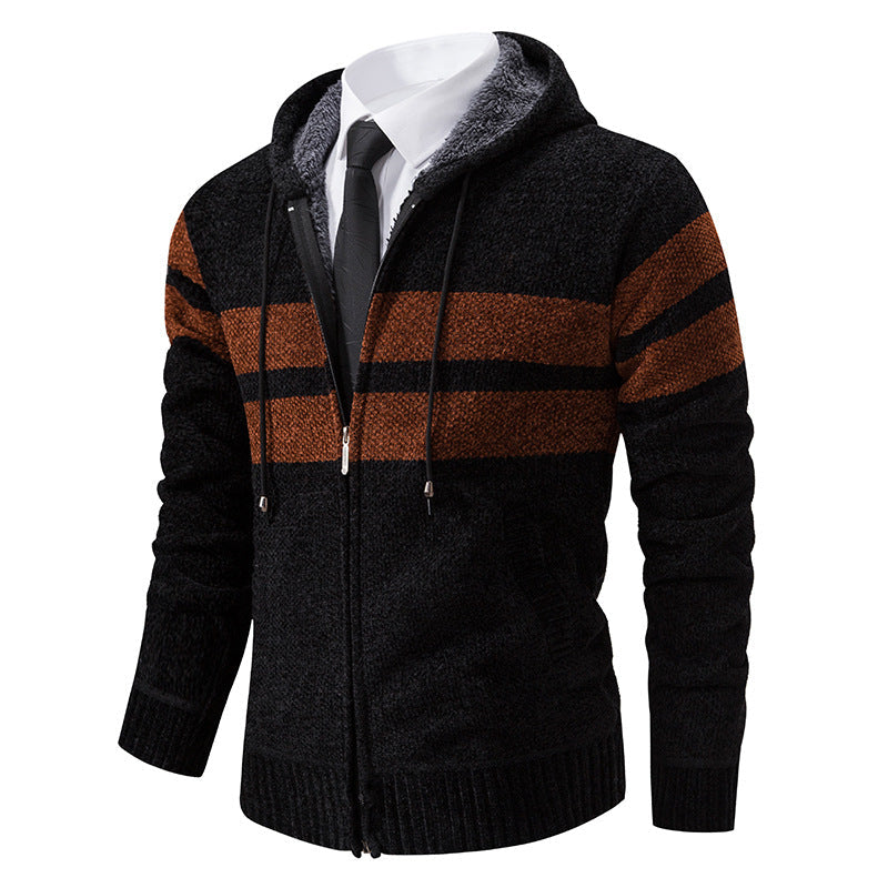 Full view of the men's knit hooded jacket with fleece lining