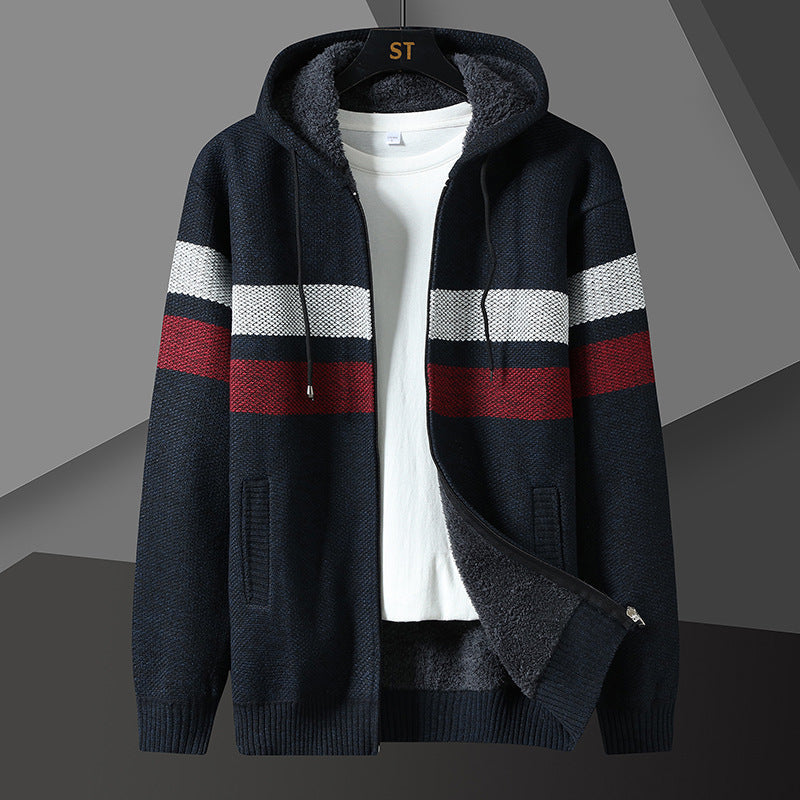 Front view of a men's knit hooded jacket with soft sherpa lining