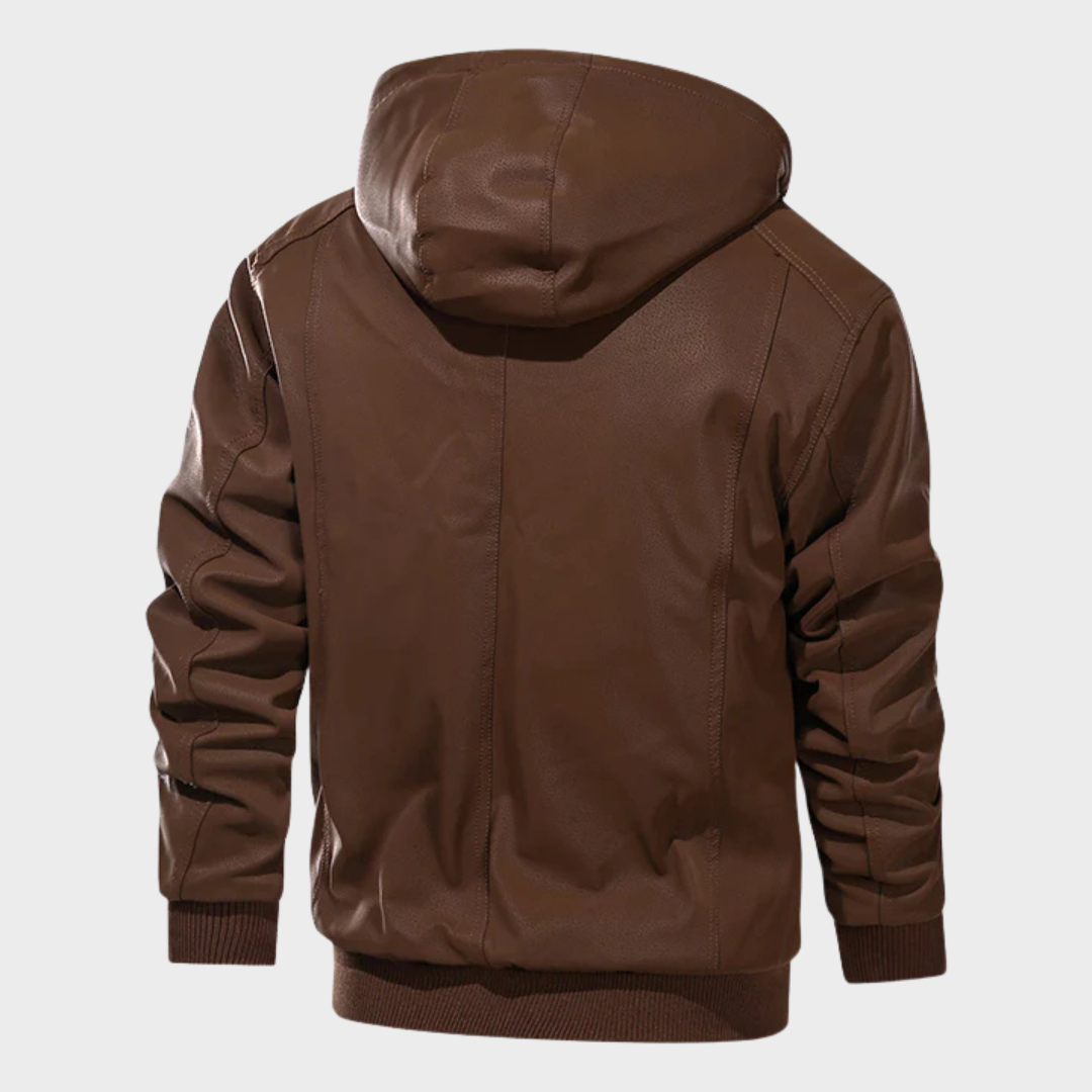Men's winter hooded jacket showing quilted texture and zip front