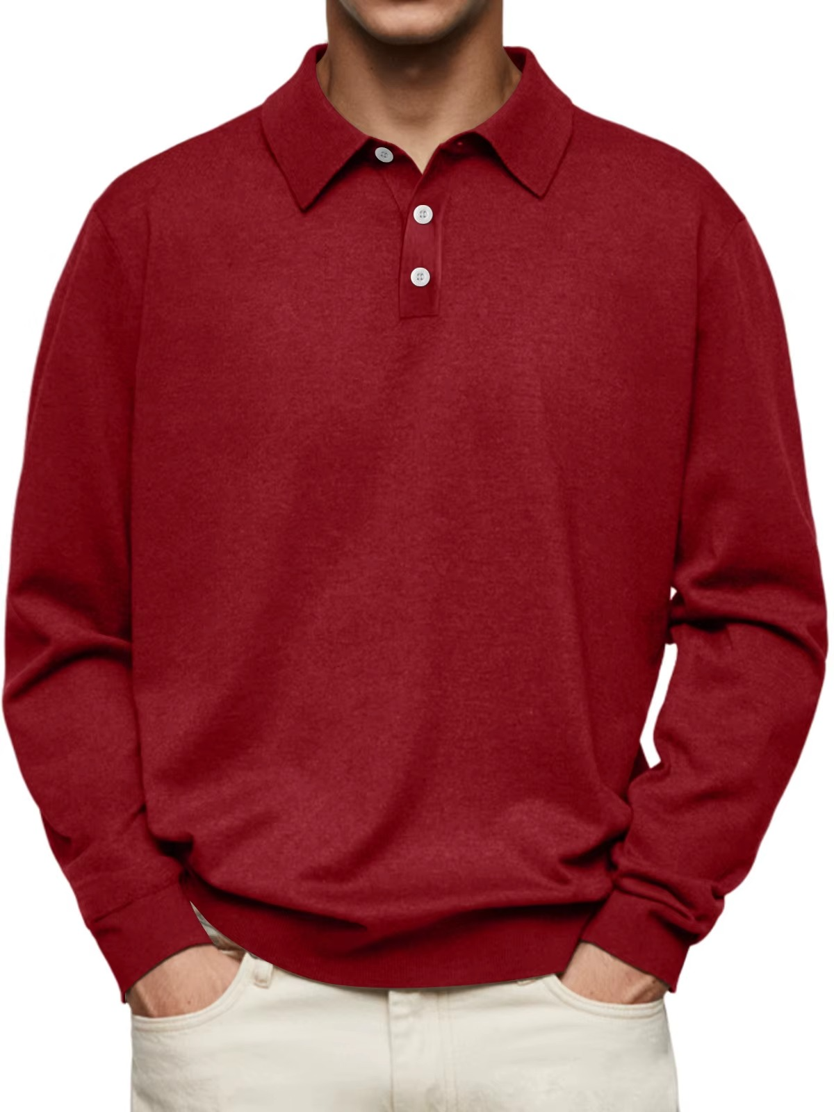Long-sleeve polo shirt shown in a polished everyday outfit
