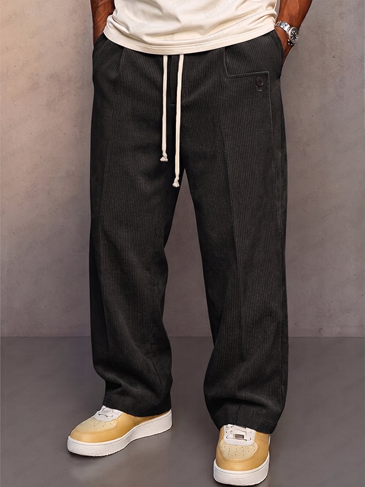 Men's Corduroy Pants Straight Leg Drawstring Casual Trousers
