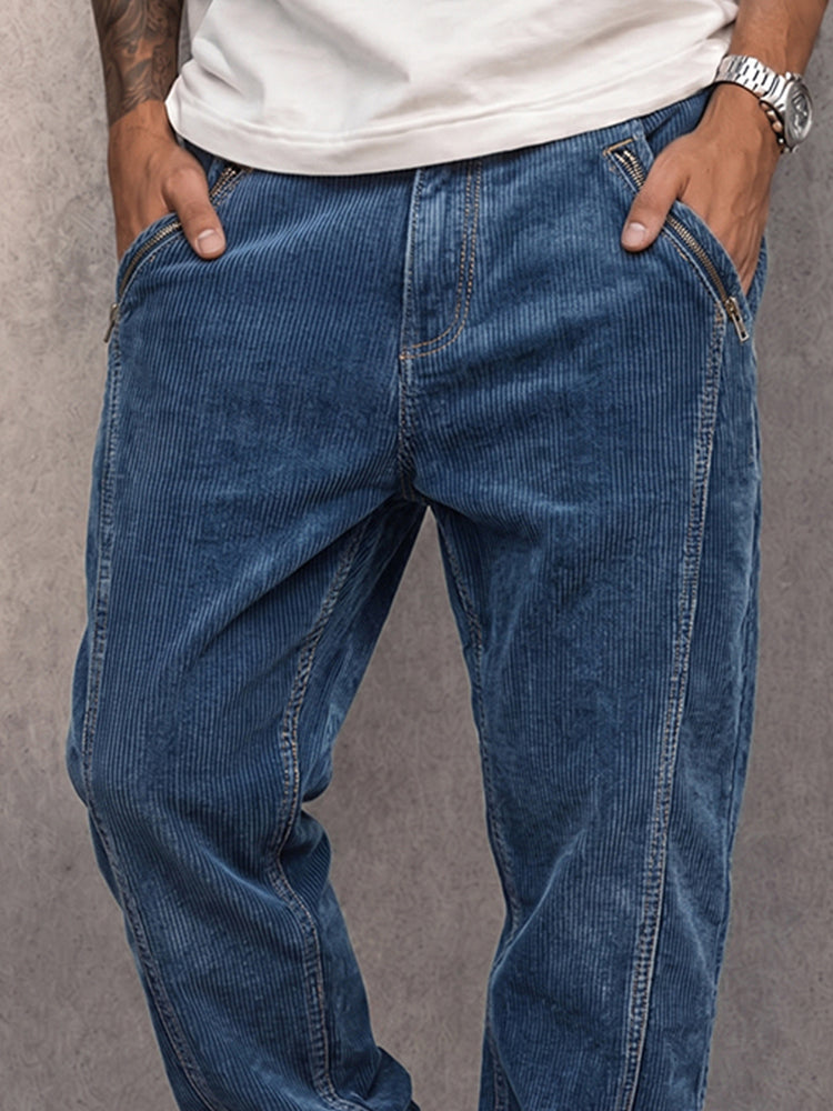 Close-up of the corduroy texture on men's straight-leg pants