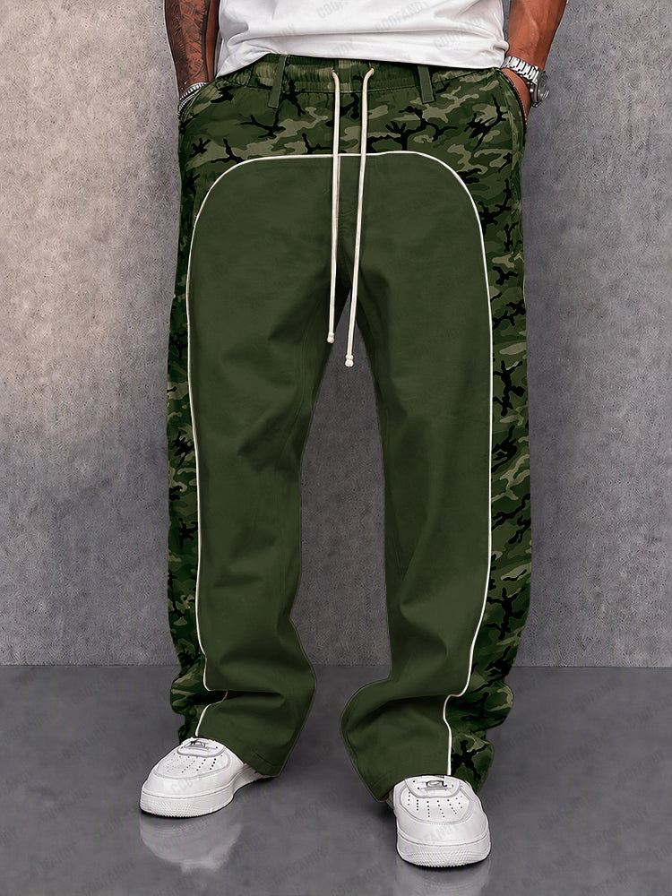 Men's camouflage patchwork casual pants displayed from the back
