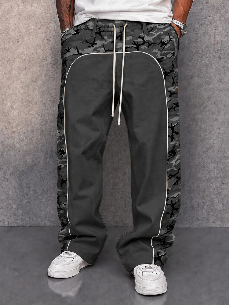 Close-up of the patchwork camouflage pattern on men's casual pants