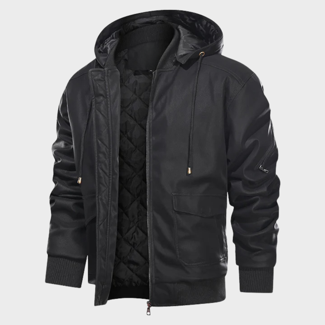 Men's cold weather quilted jacket with hood, side view