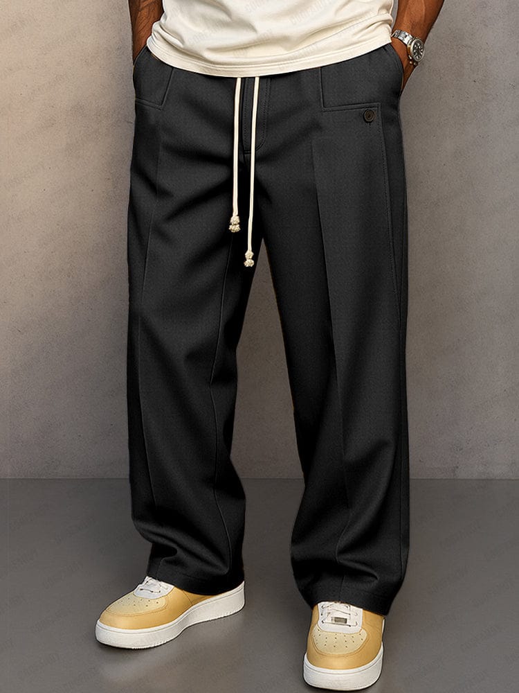 Detail view of the adjustable drawstring waist and relaxed styling