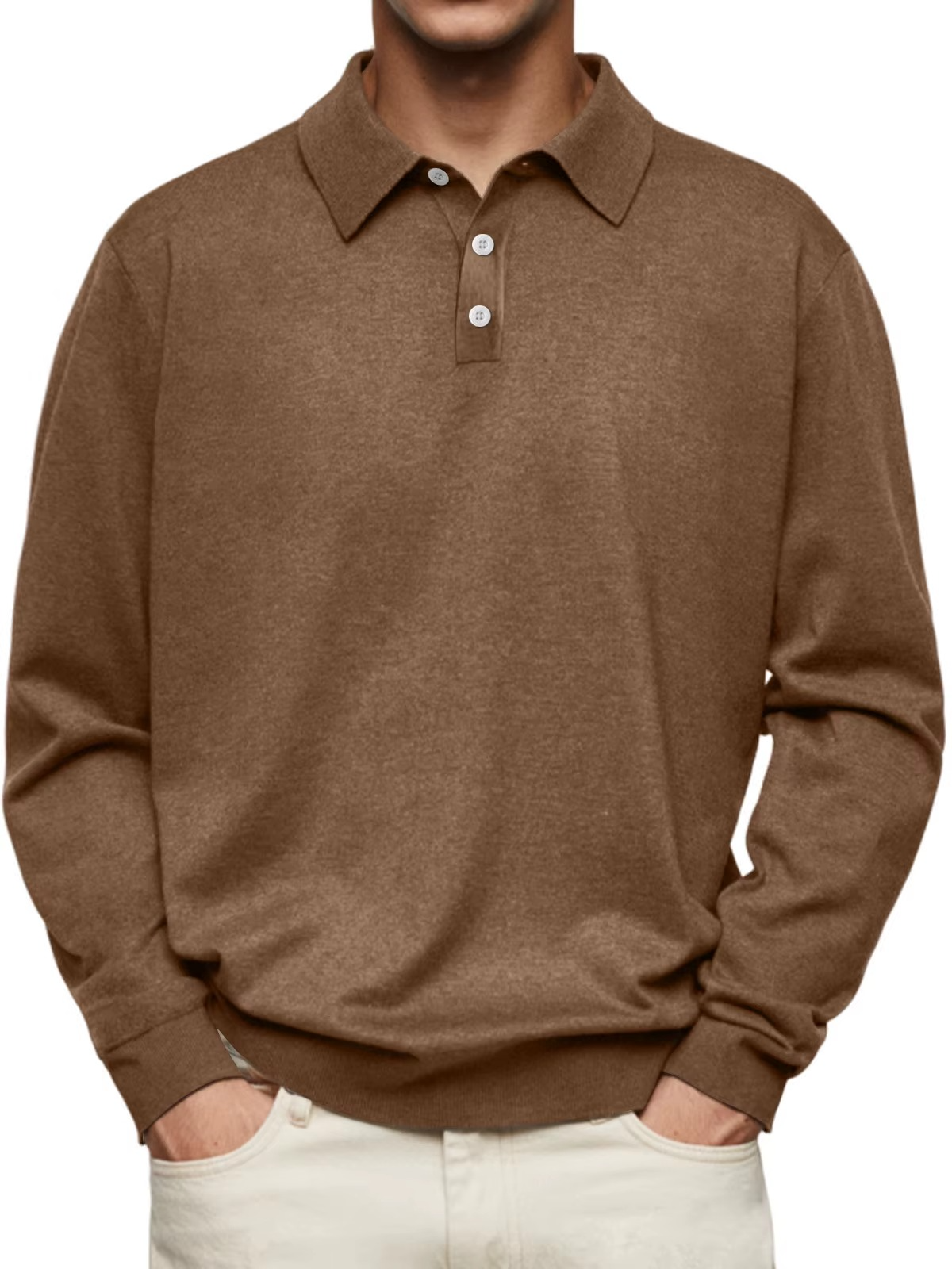Side view of a men's long-sleeve polo shirt