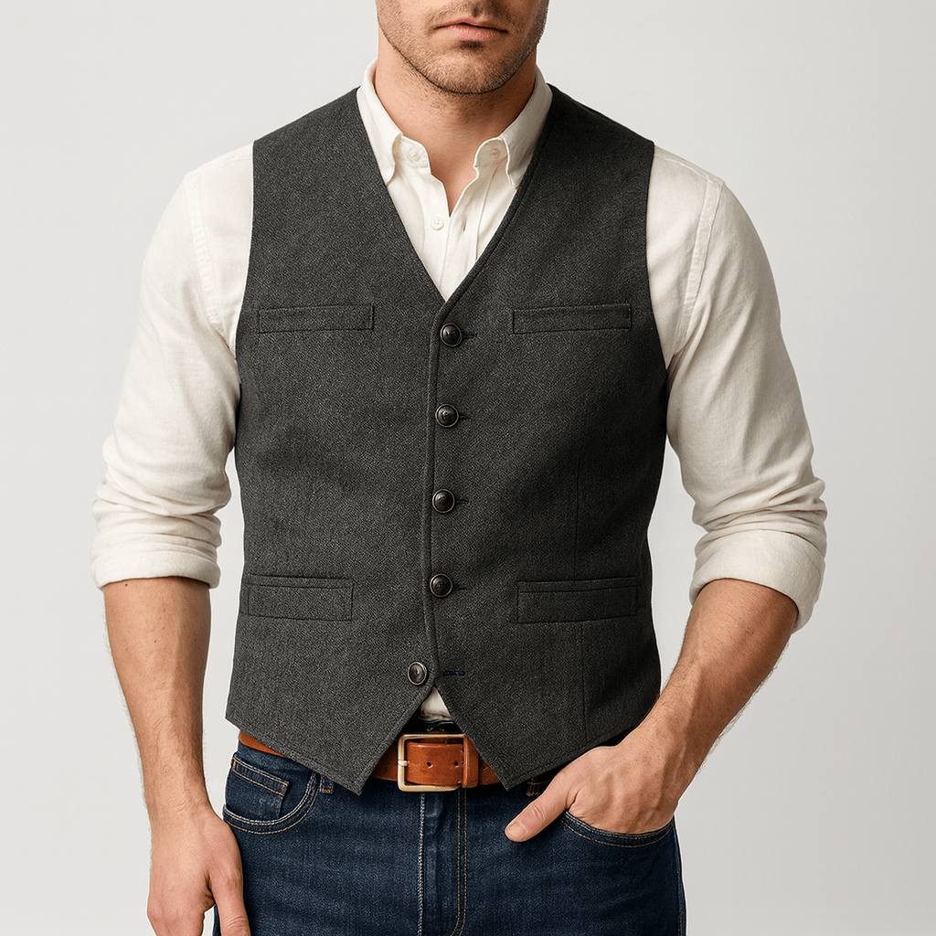 Front view of men's brown tweed vest with button closure