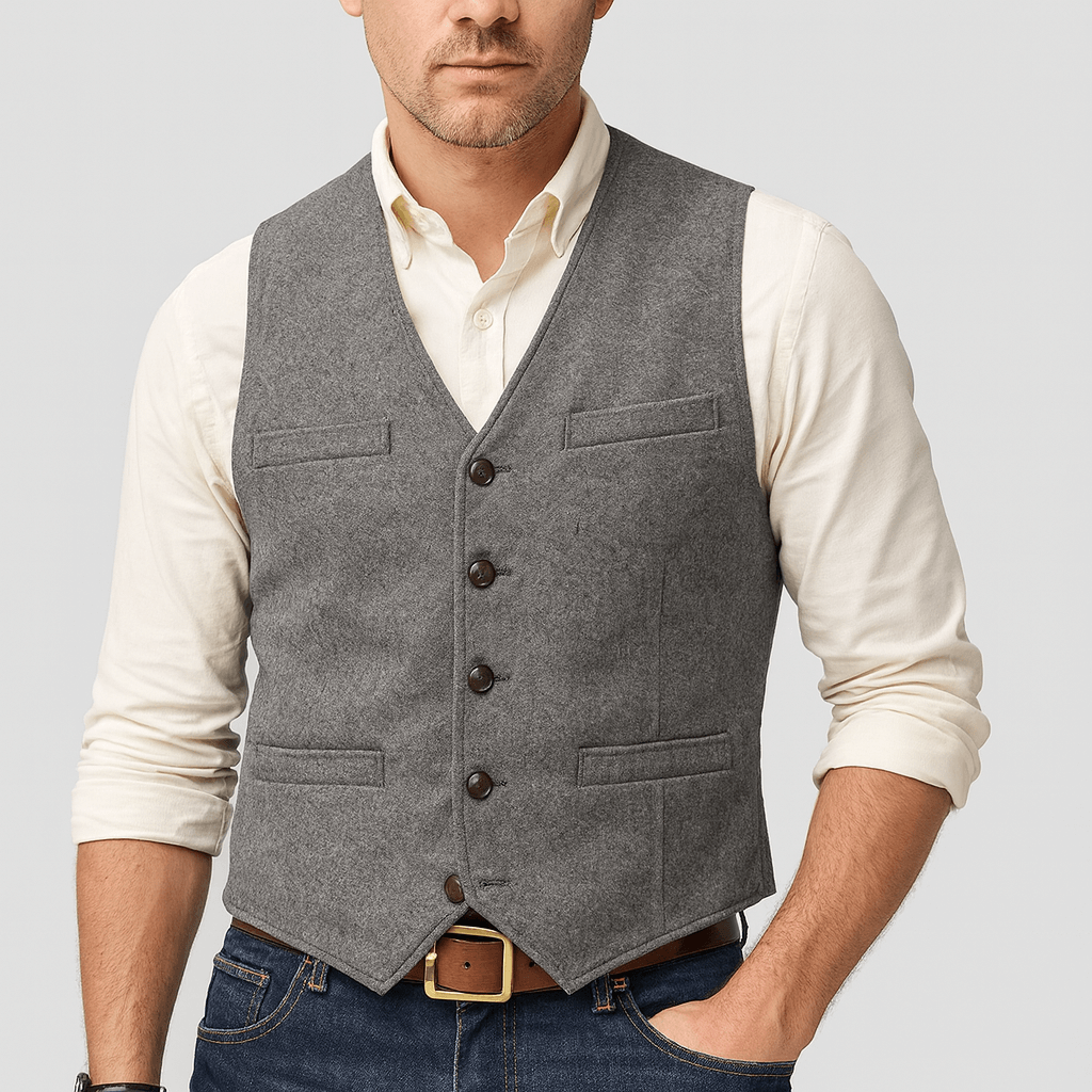 Close-up of textured tweed fabric and buttons on men's vest