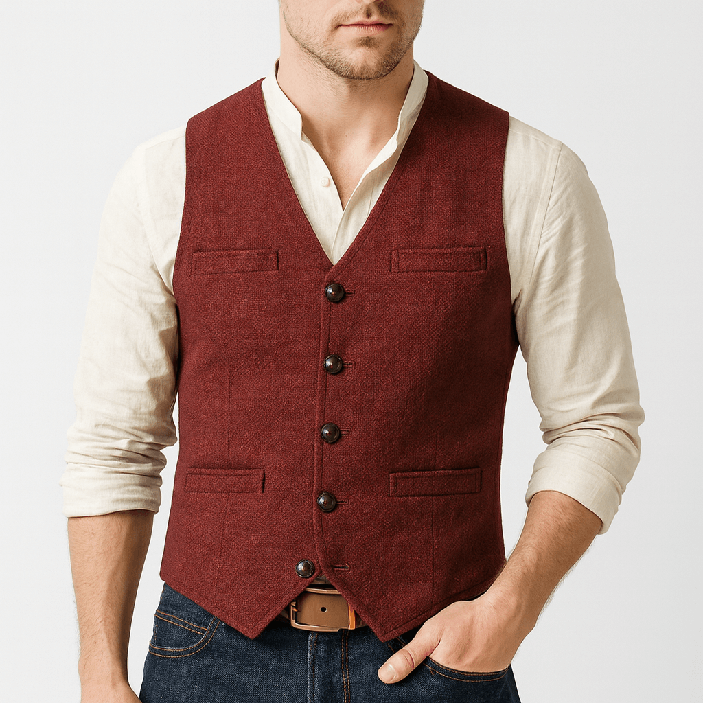 Side view of buttoned men's tweed vest with fitted silhouette