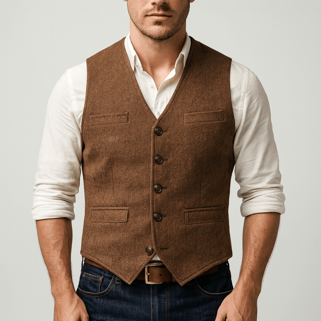 Detail of the adjustable back buckle on men's tweed vest