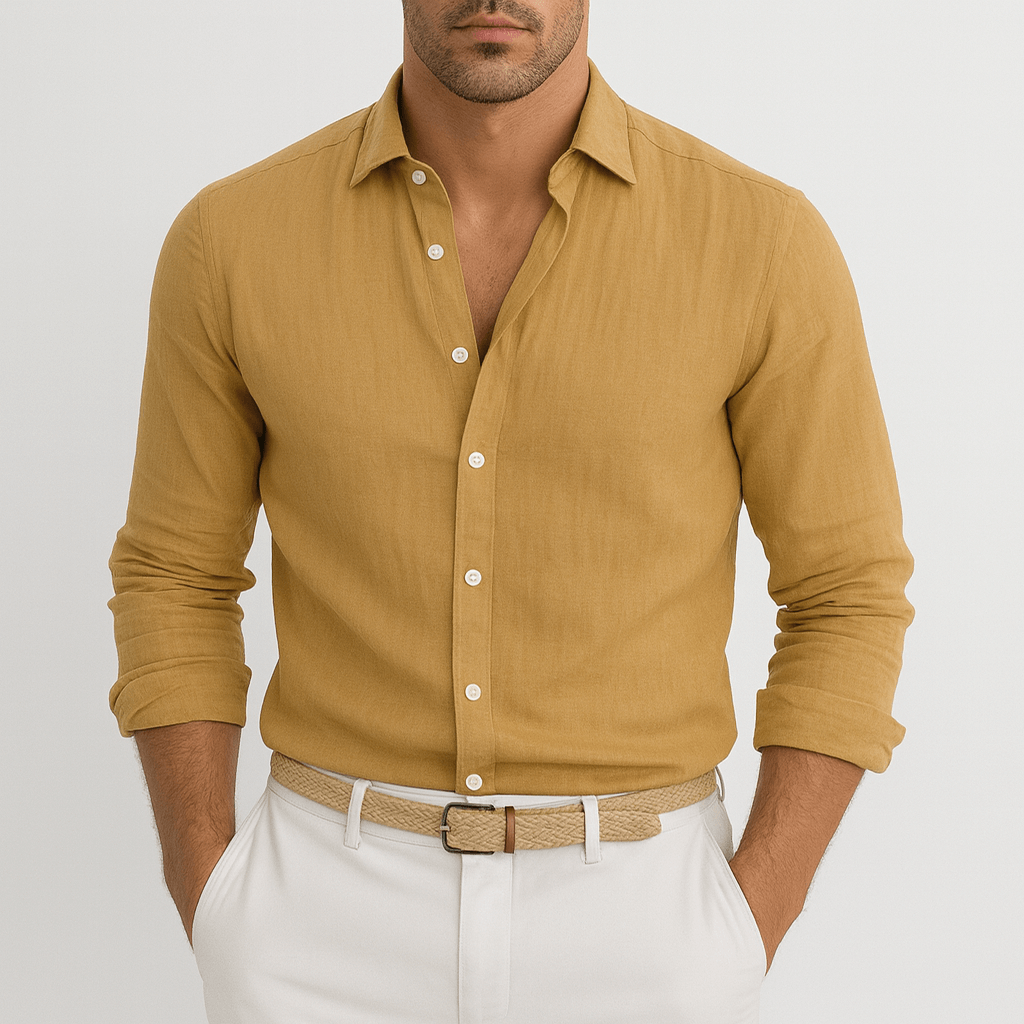 Close-up of the linen shirt collar and button placket
