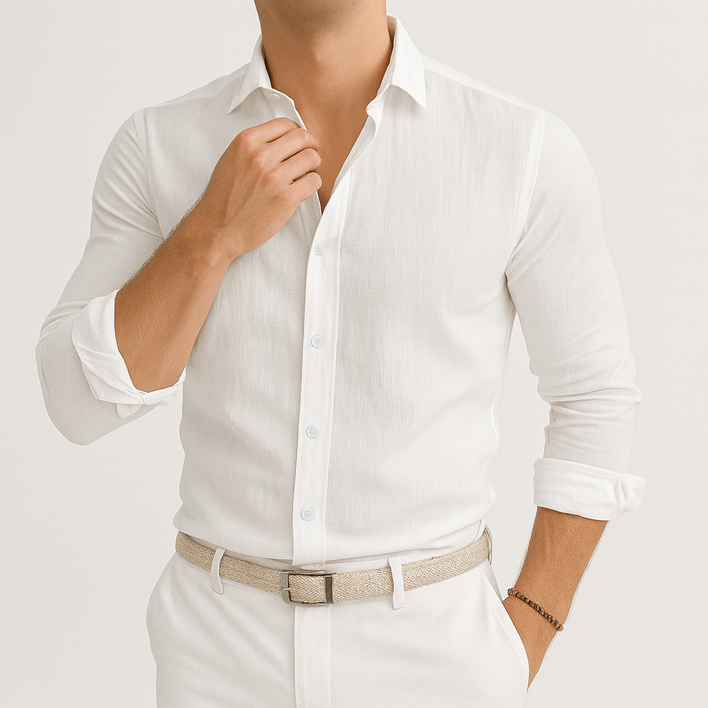 Close-up showing the breathable linen shirt fabric texture