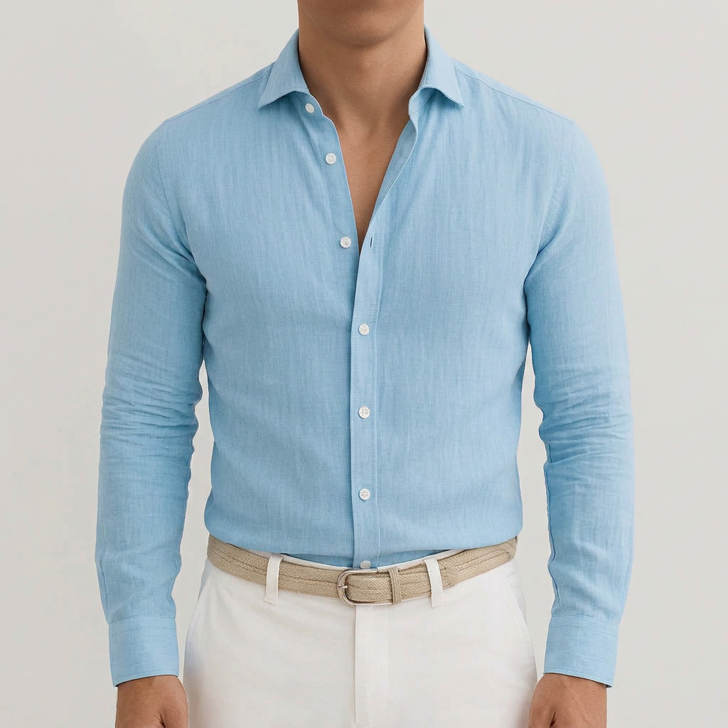 Men's long-sleeve linen shirt shown from the front