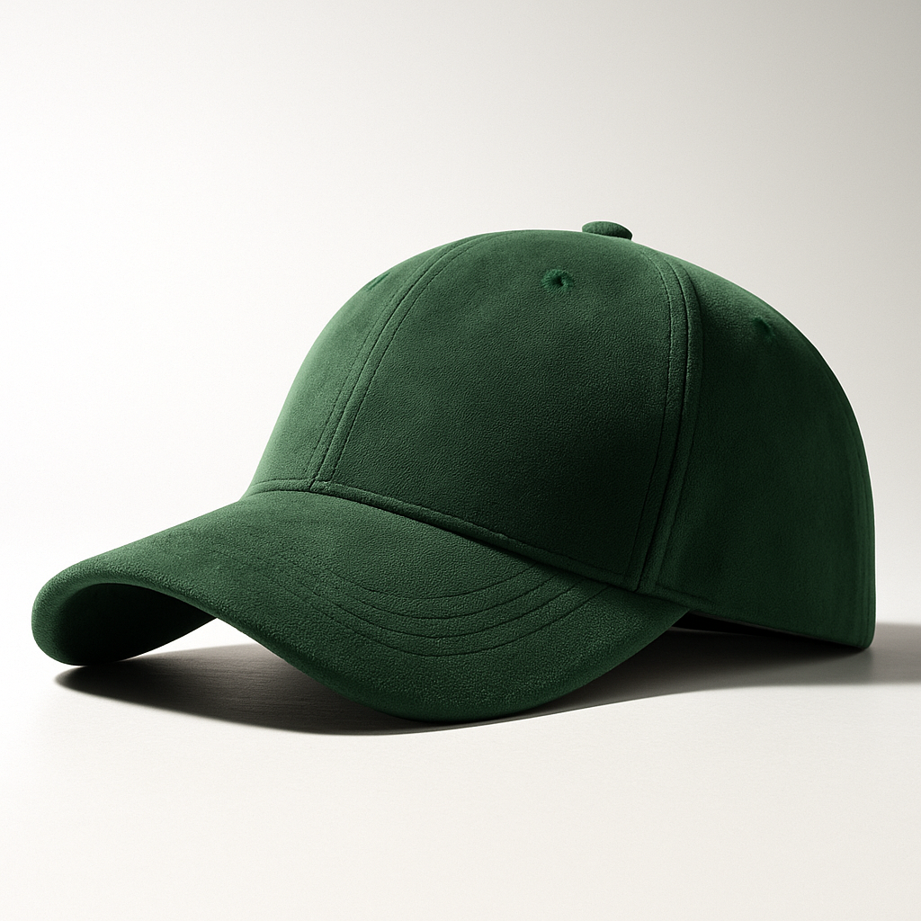 Side view of the suede cap with curved brim