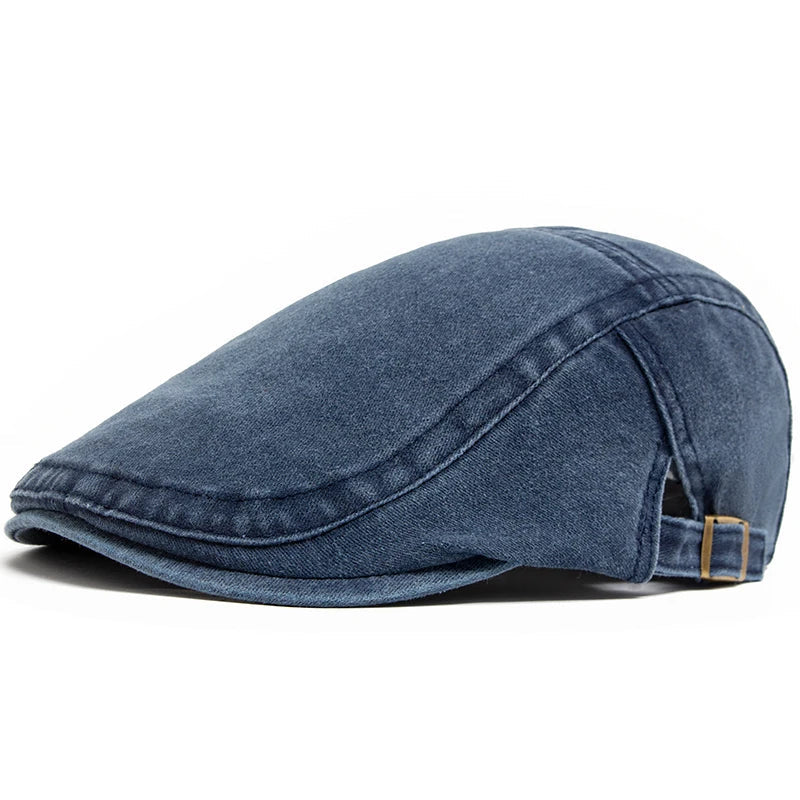 Front view of a men's cotton flat cap with classic styling