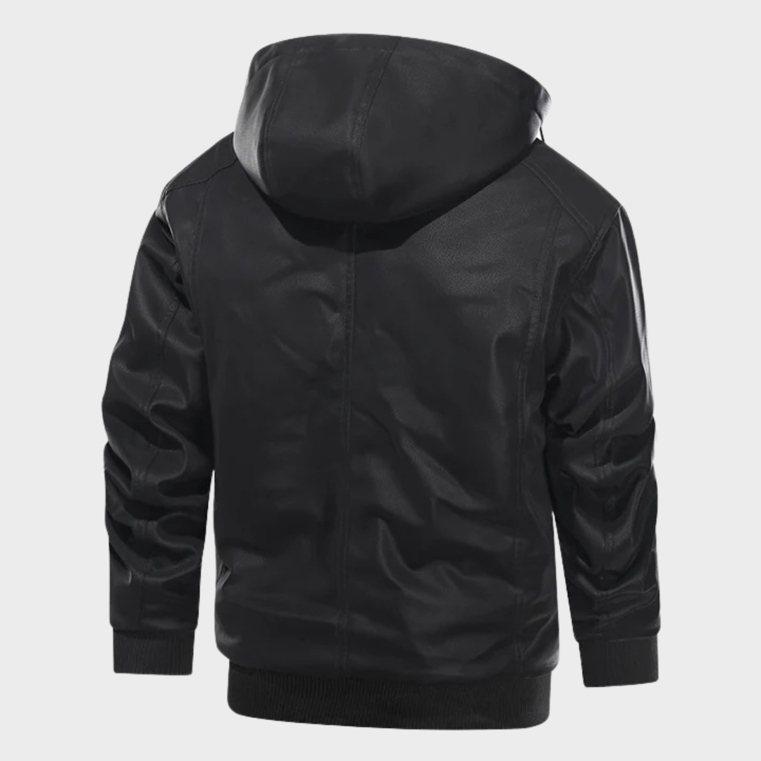 Men's warm hooded winter jacket with quilted finish, detail view