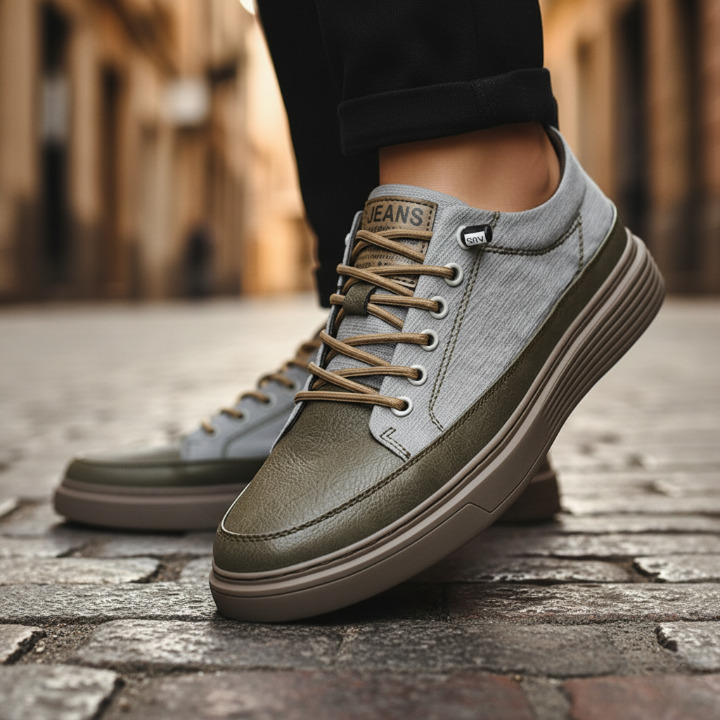 Men's leather sneakers showing the cushioned sole and tread