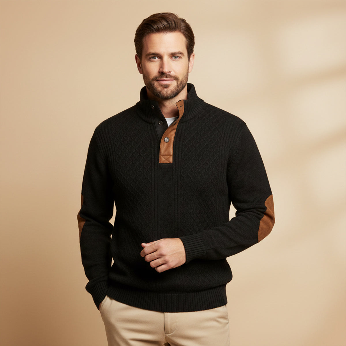 Full product view of the men's cable-knit cardigan