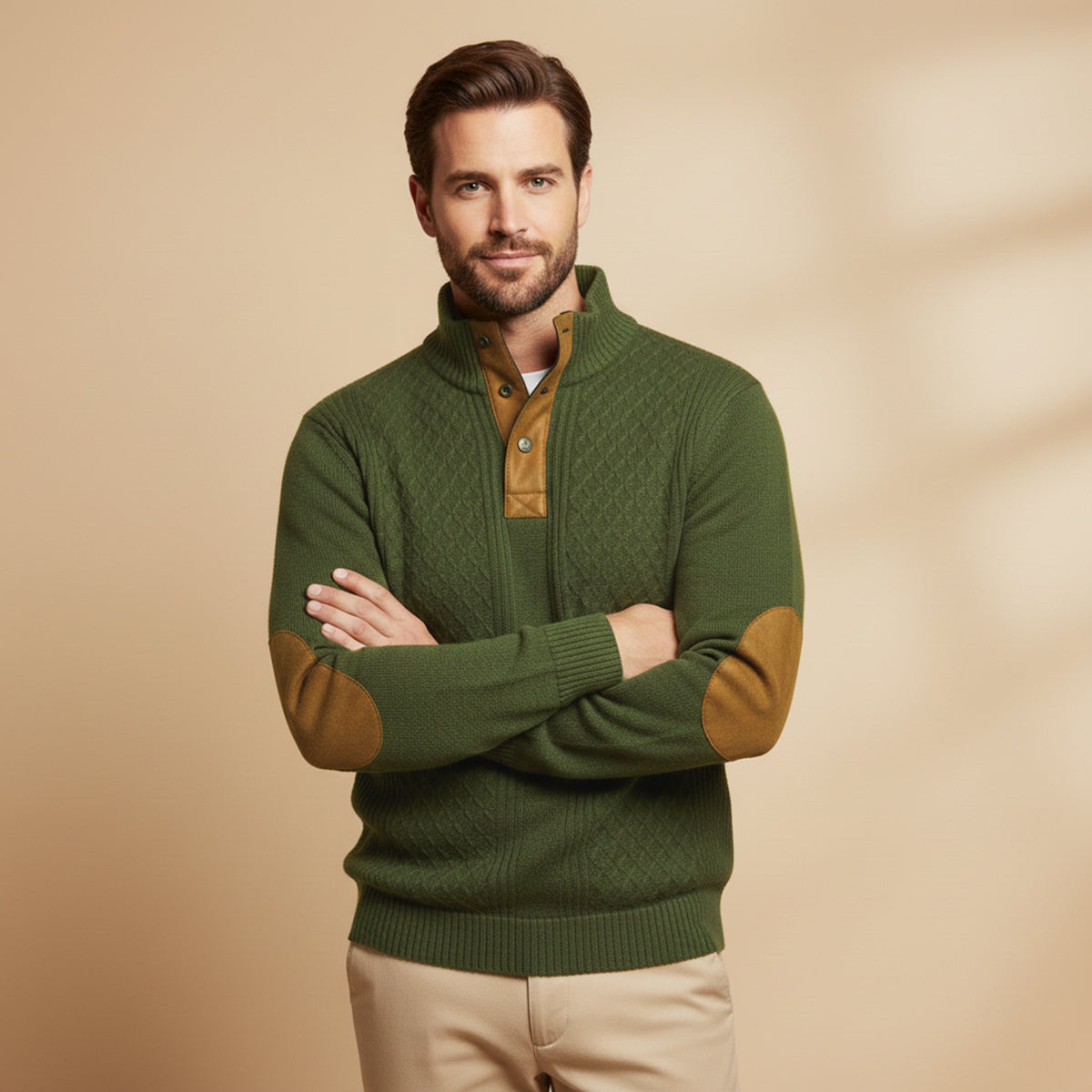 Close-up of the cardigan's ribbed hem and cable-knit texture