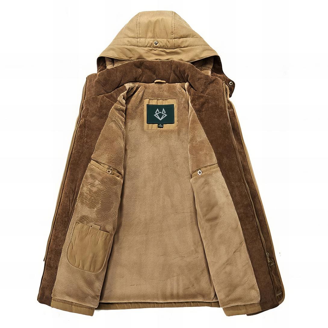 inside of a beige parka with a hood and sherpa lining