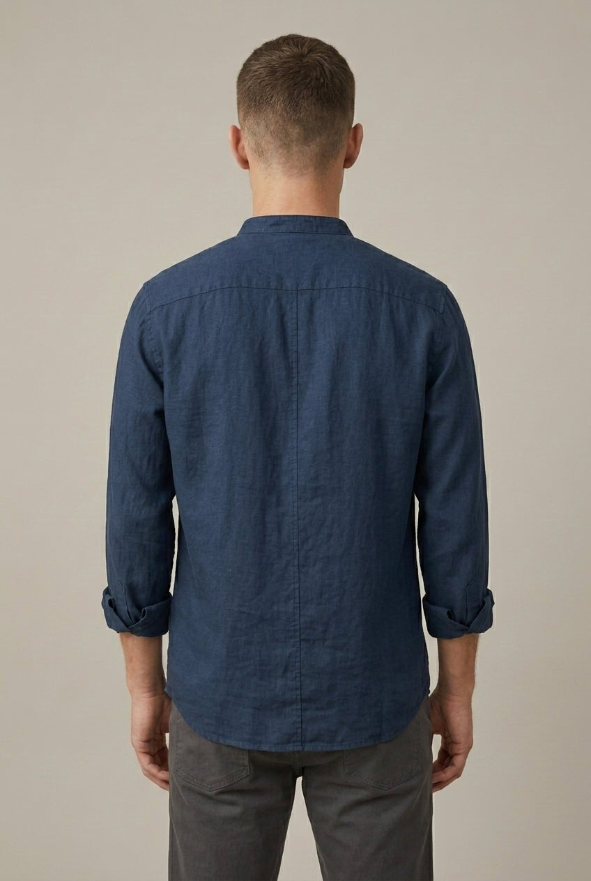 Men's band collar shirt styled for casual everyday wear