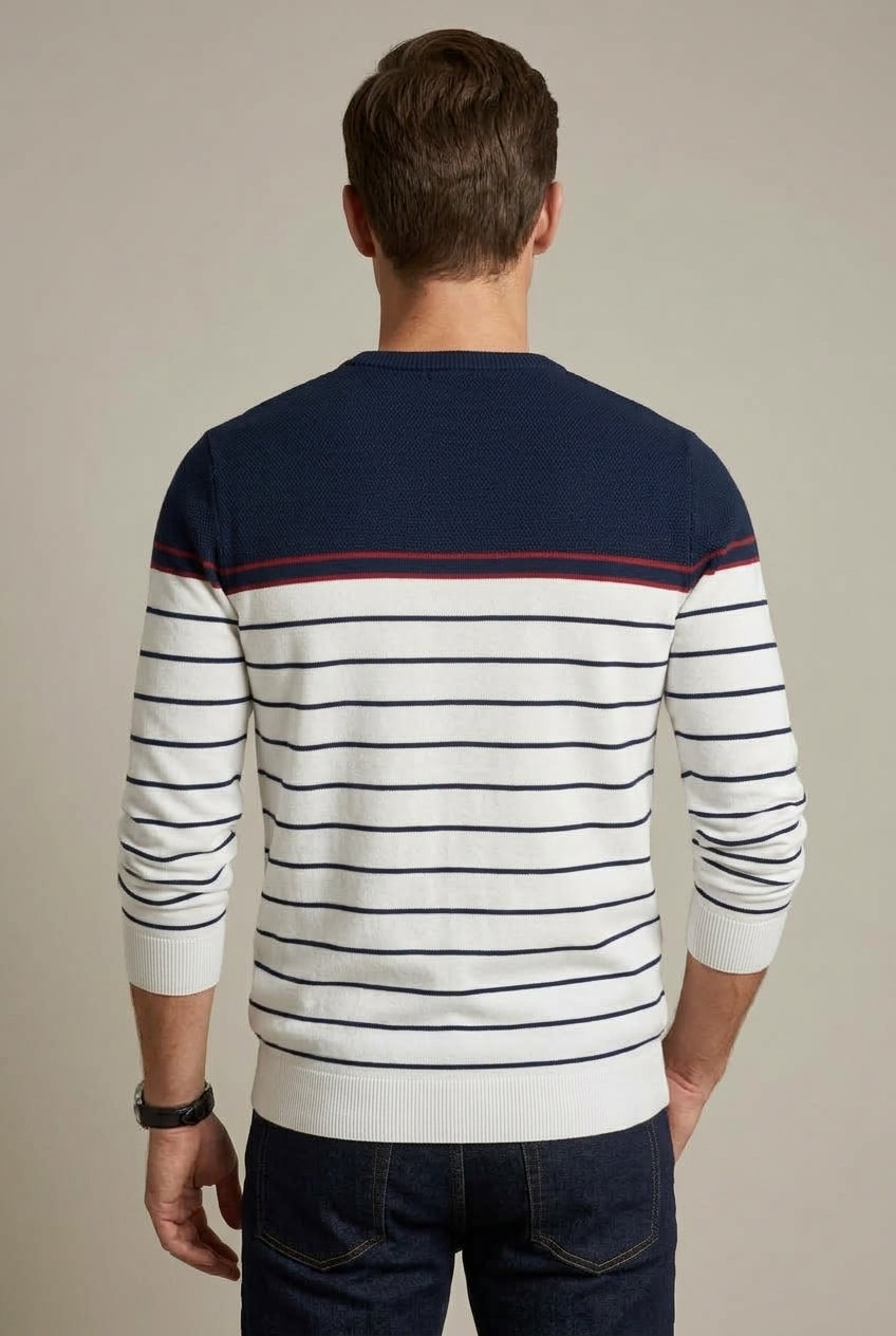 Men's striped sweater showing the crew neckline