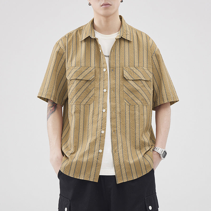 Men’s Short-Sleeve Seersucker Striped Cardigan