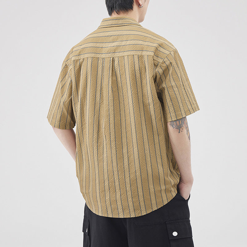 Men’s striped cardigan featuring short sleeves and a relaxed warm-weather style