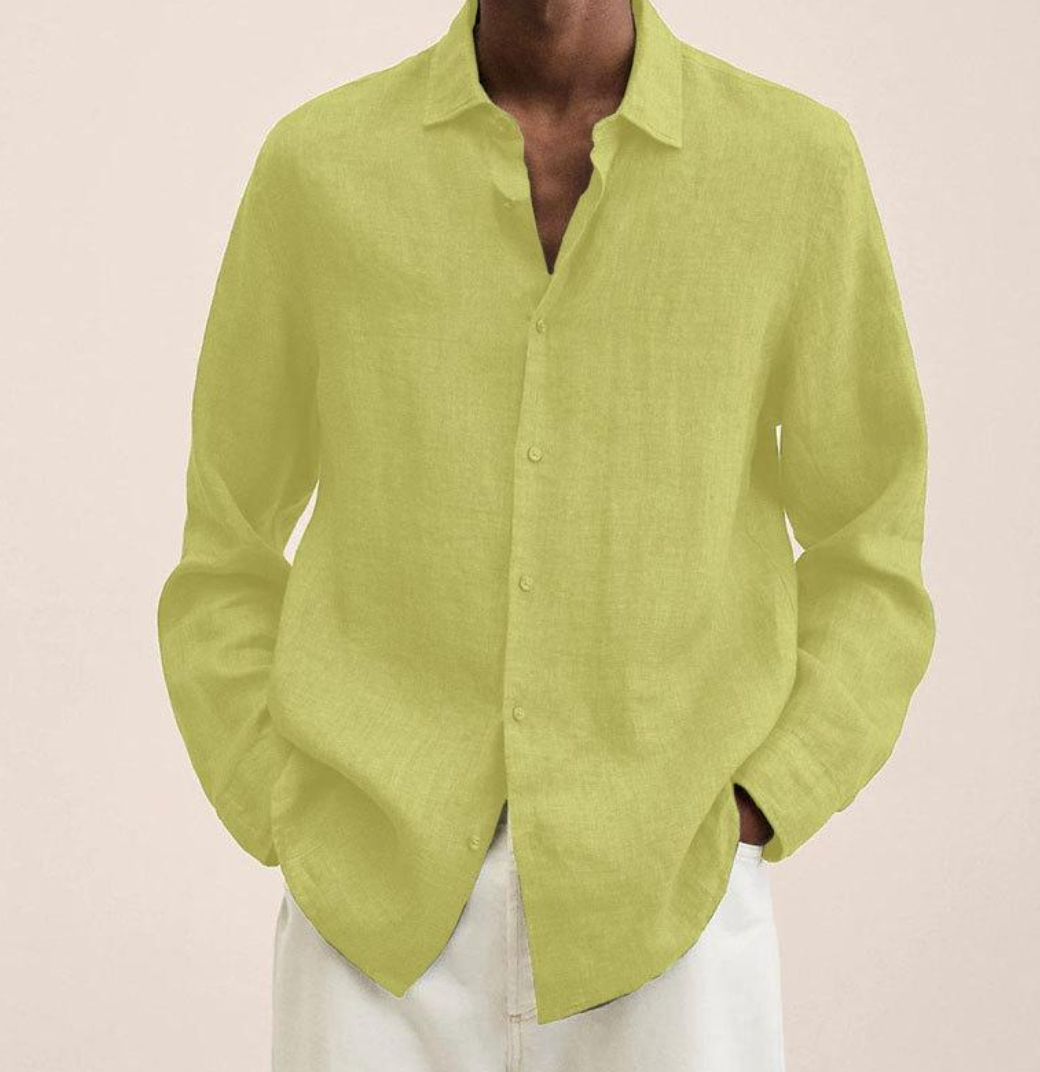 Men's linen-blend shirt collar and button-front detail