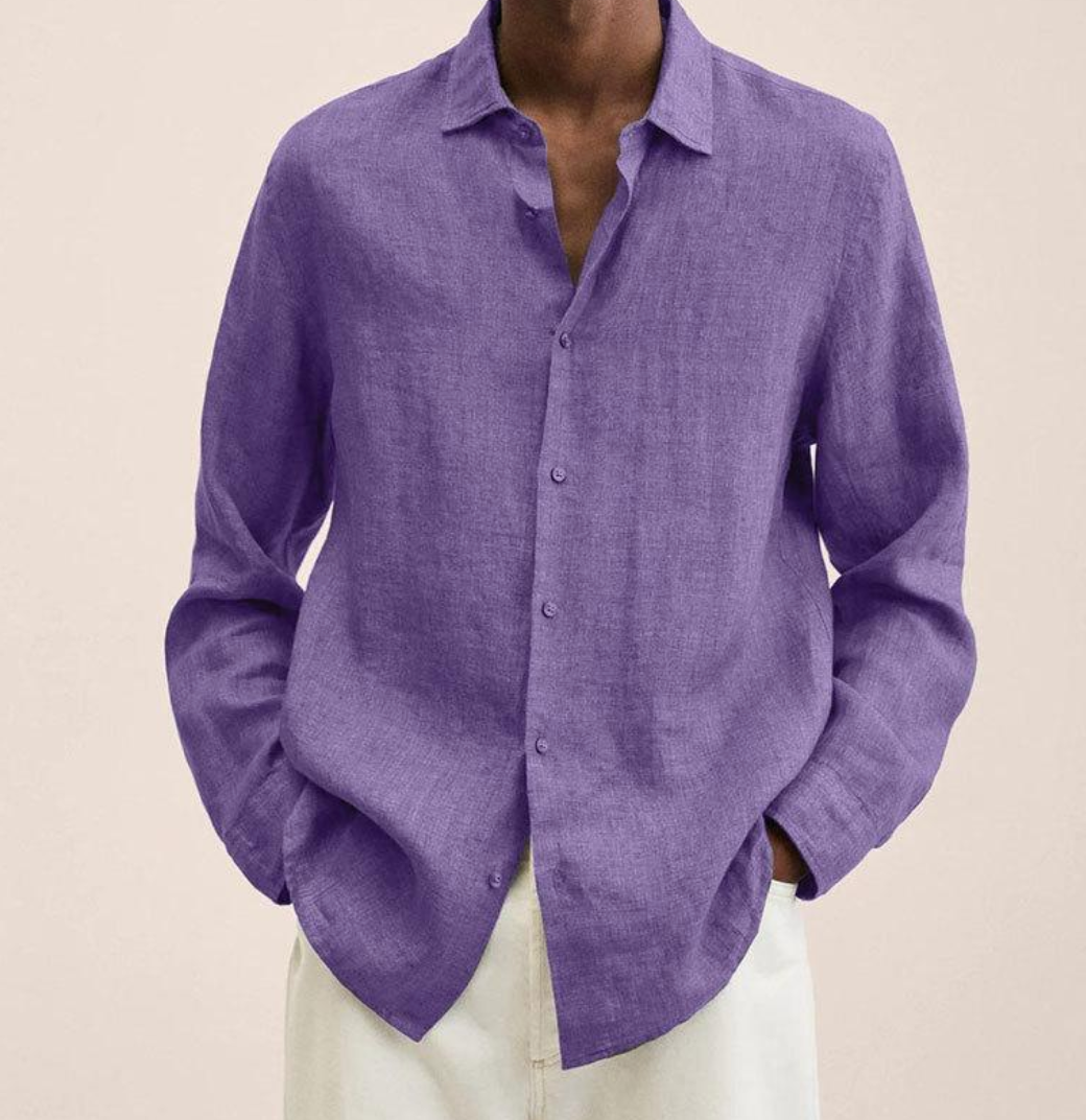 Men's linen-blend shirt shown from the front with a classic fit