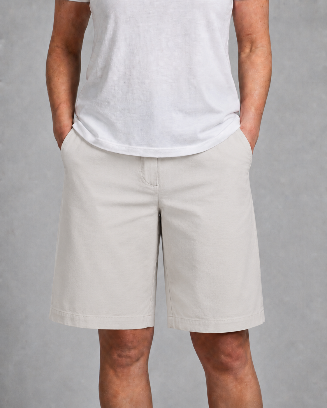 Women's shorts showing the relaxed straight-leg silhouette and knee-length hem