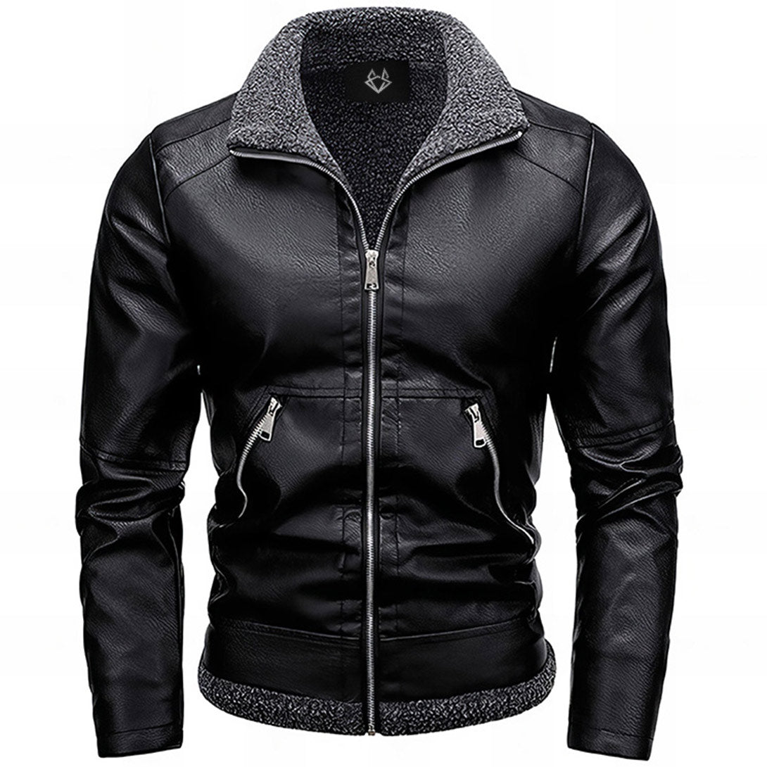 black leather jacket with pockets and  grey sherpa lining