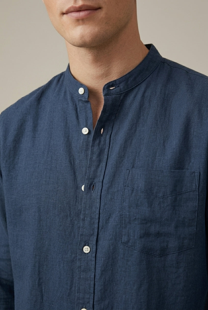 Men's long sleeve linen blend shirt with band collar