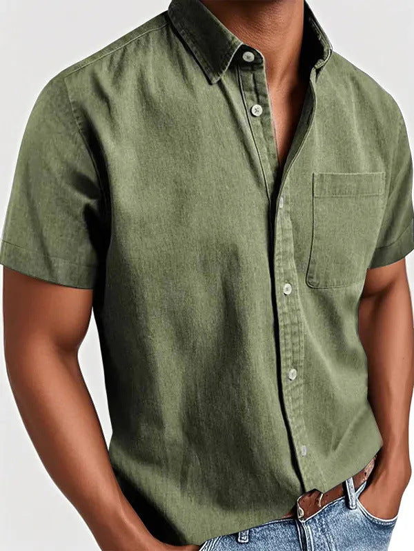 Front view of a men's polo shirt with short sleeves and button closure