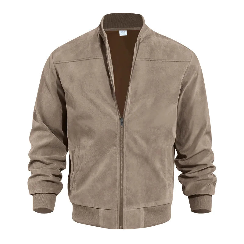 Men's Suede Bomber Jacket Stand Collar Casual Outwear
