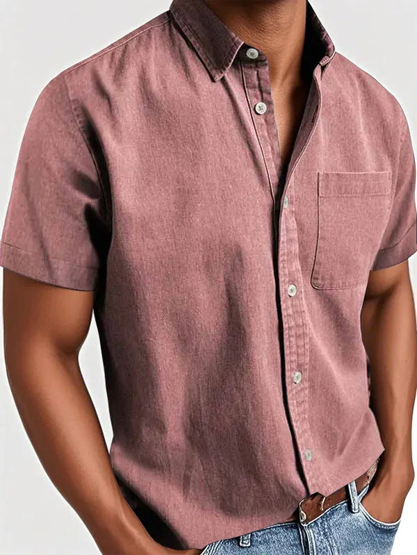 Close-up of the polo collar and button placket on a men's shirt