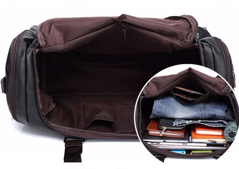Close-up of the leather duffel bag detailing zipper closure, stitching, and handle hardware